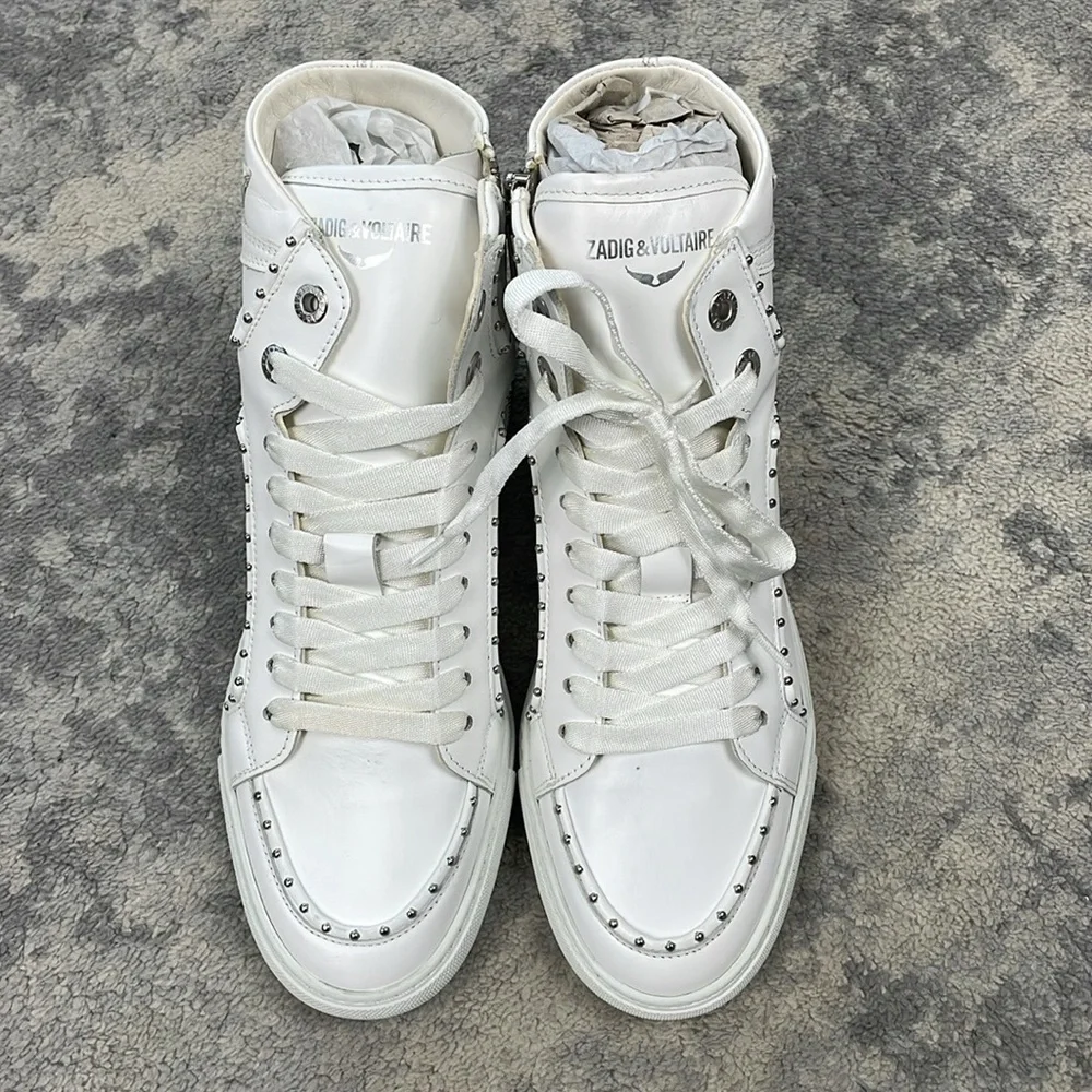 NIB Zadig & Voltaire High Flash Sneaker Studded High Top White Leather Sz 40 - Picture 8 of 14